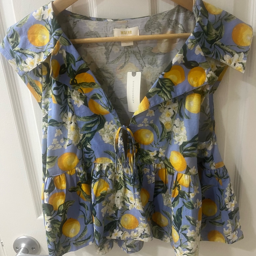 Anthropologie Maeve Lemon Floral Blouse - Blue and Yellow
